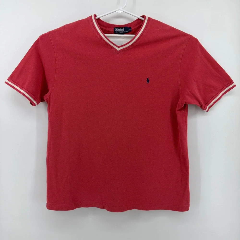 Polo Ralph Lauren Men's XL Red V-Neck Polo Shirt Embroidered Pony Classic Casual